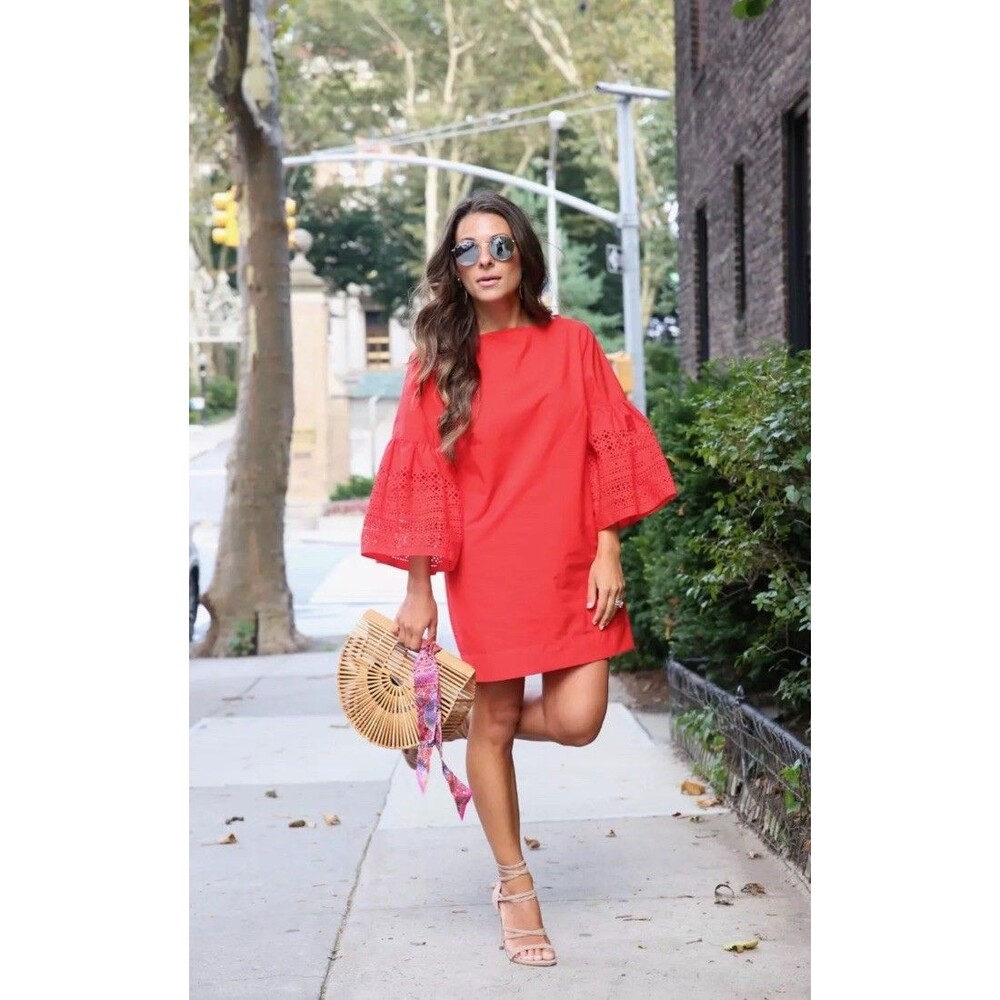 Lauren Ralph Lauren Red Dress Laser Cut Eyelet Bell Sleeve Size 2